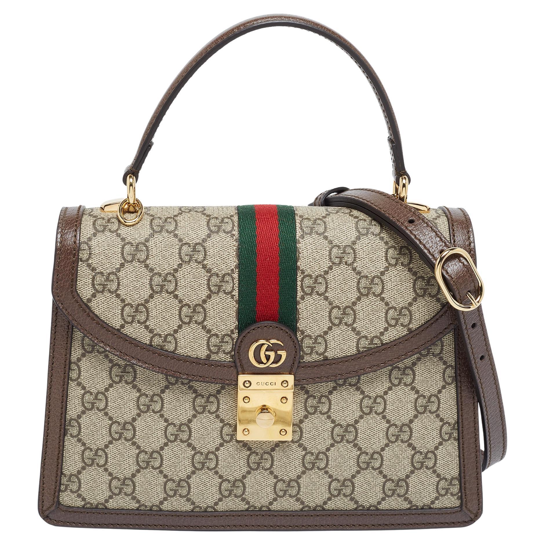 Gucci Beige/Brown Supreme Canvas And Leather Small Ophidia Top Handle Bag