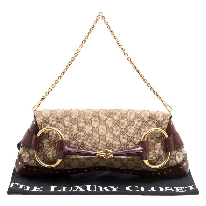 Gucci Beige/Burgundy GG Canvas and Leather Horsebit Studded Chain Clutch 3