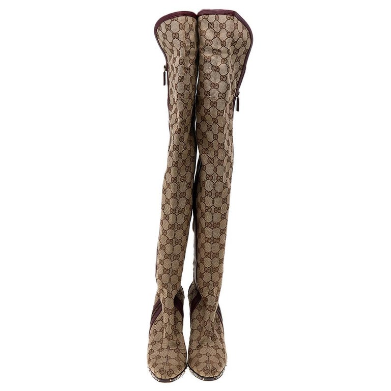 Gucci Beige/Burgundy GG Canvas And Leather Thigh High Boots Size