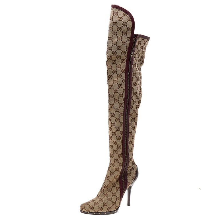 Gucci Beige/Brown GG Canvas Horsebit Knee Length Boots Size 41