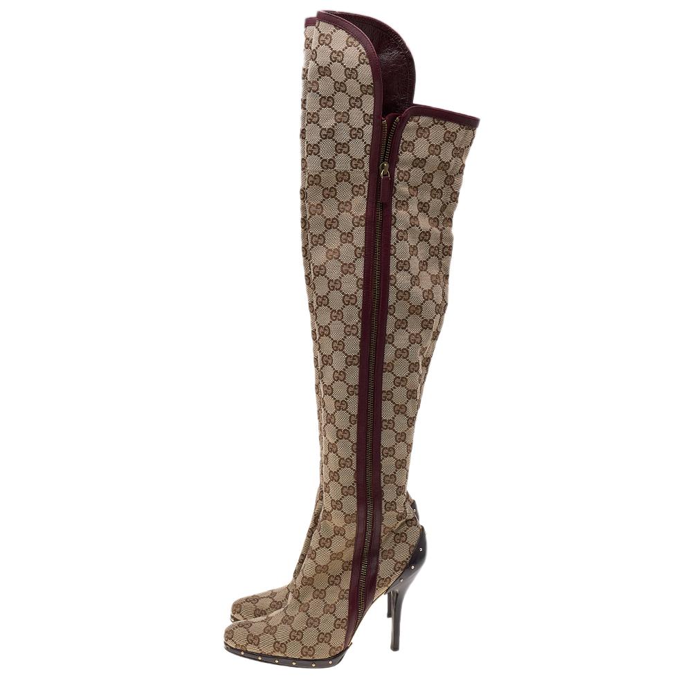 Women's Gucci Beige/Burgundy GG Canvas And Leather Thigh High Boots Size 38