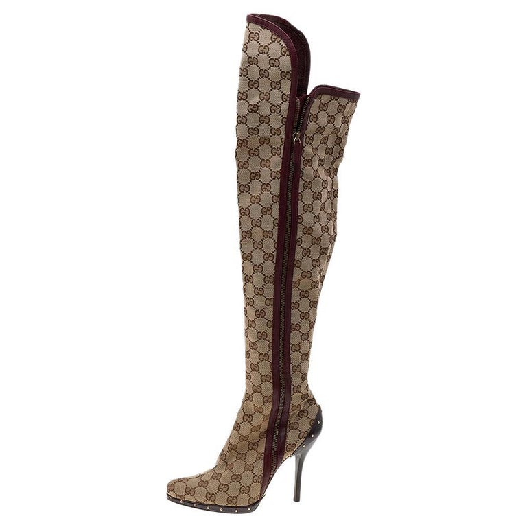 Gucci Beige/Burgundy GG Canvas And Leather Thigh High Boots Size 38 For  Sale at 1stDibs | gucci thigh high boots