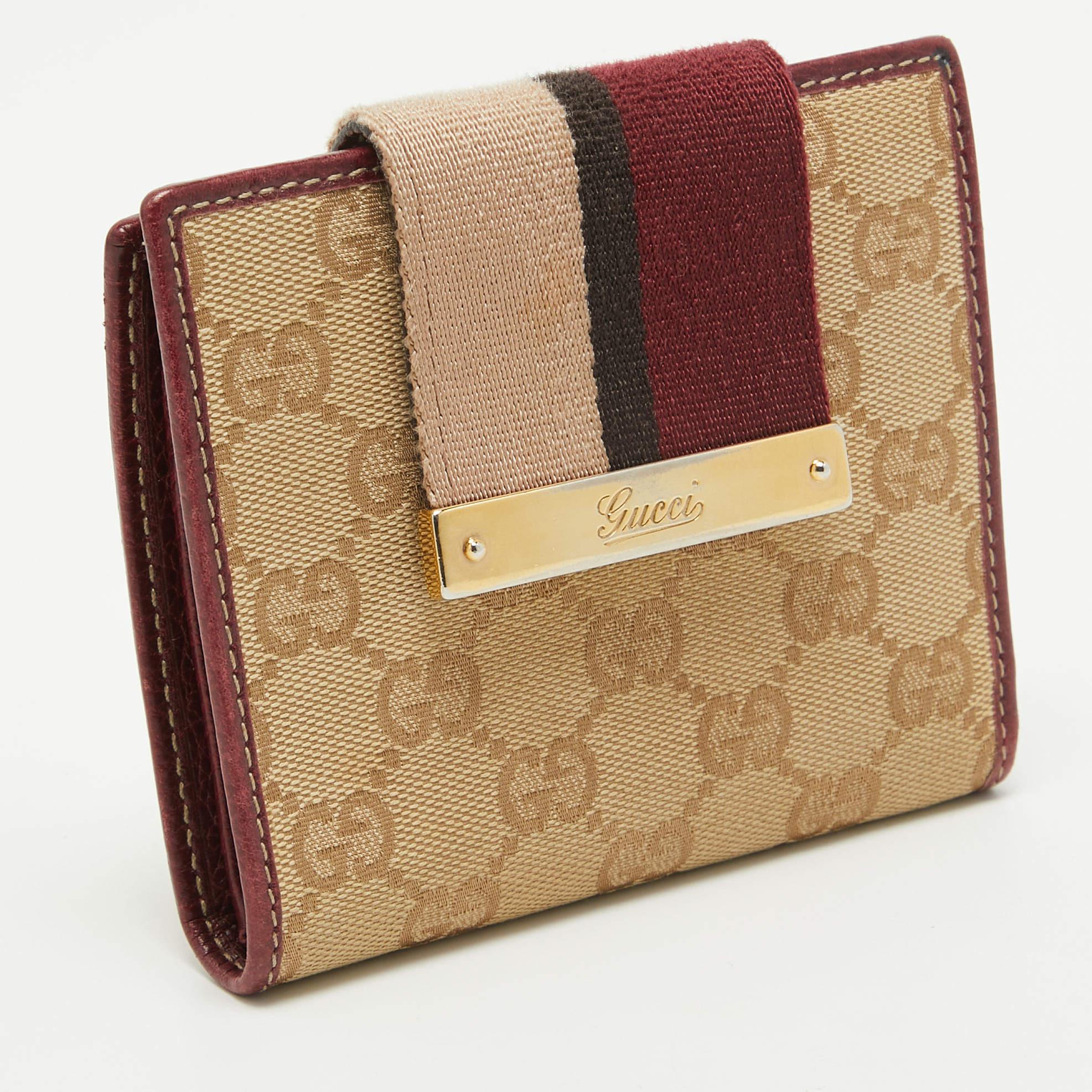 Gucci Beige/Burgundy GG Canvas and Leather Web Flap French Wallet 1