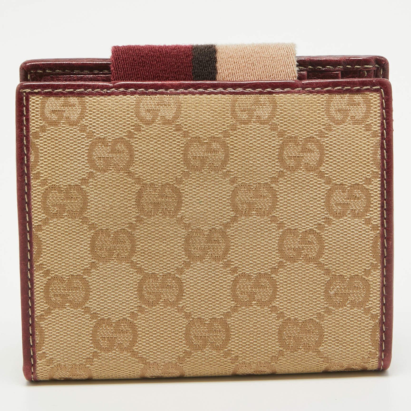 Gucci Beige/Burgundy GG Canvas and Leather Web Flap French Wallet 2