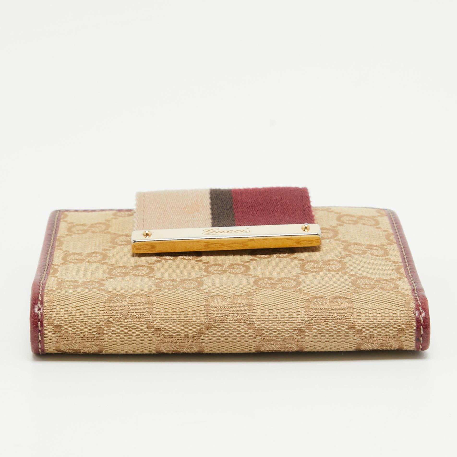 Gucci Beige/Burgundy GG Canvas and Leather Web Flap French Wallet 4