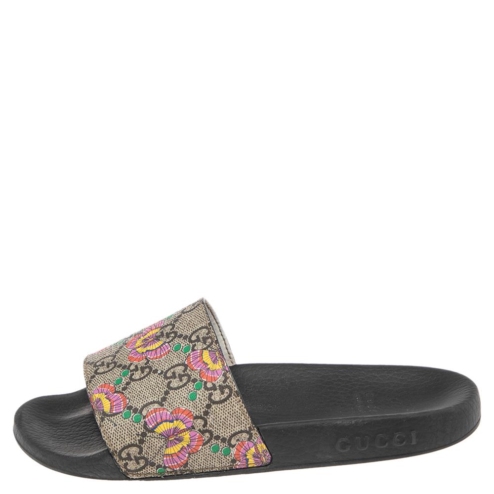 Black Gucci Beige Butterfly Print GG Supreme Canvas Slide Flat Sandals Size 34