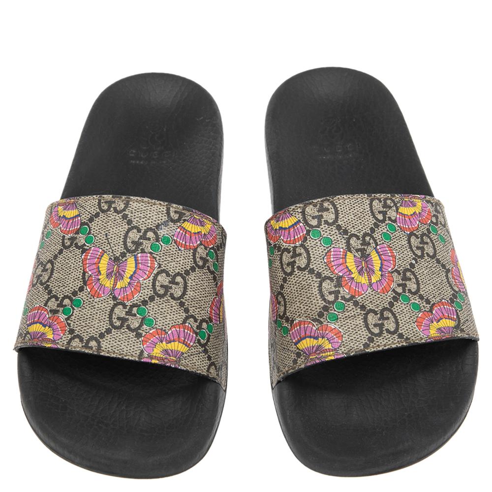 Women's Gucci Beige Butterfly Print GG Supreme Canvas Slide Flat Sandals Size 34