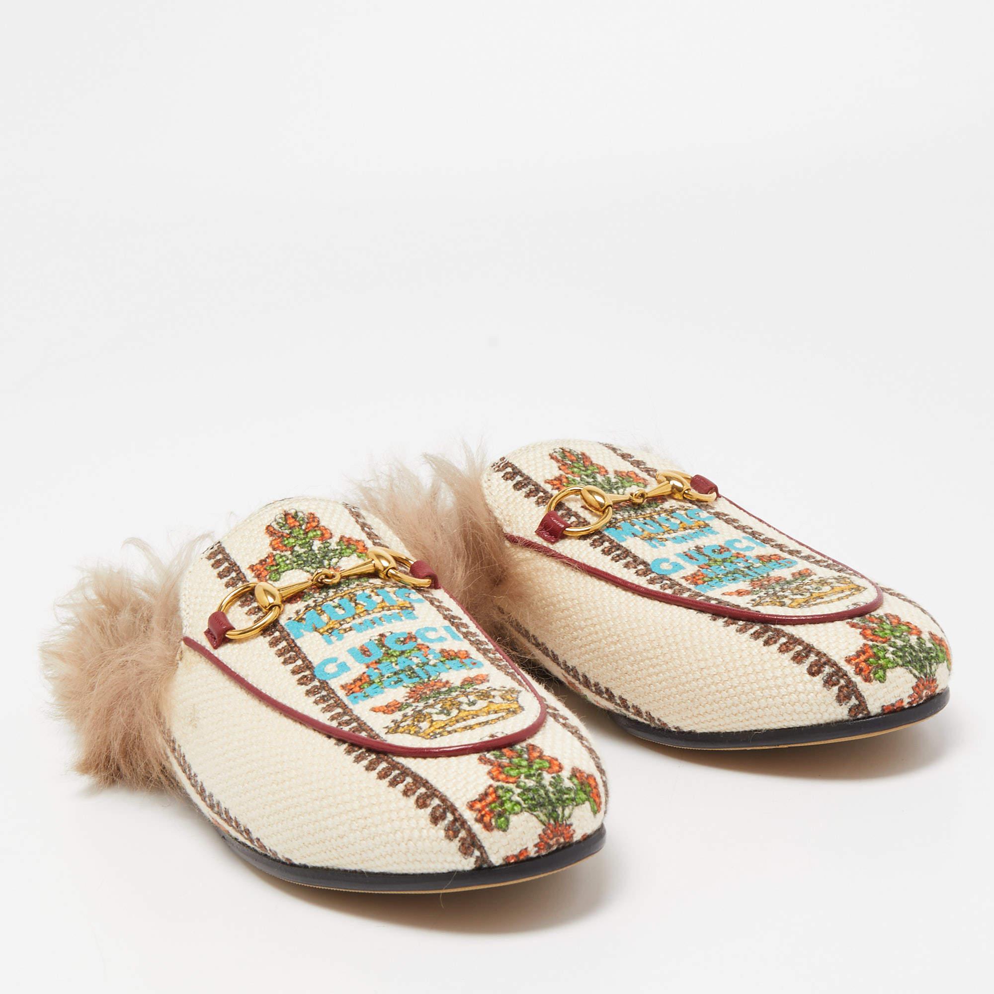 Gucci Beige Canvas and Fur Princetown Mules Size 36 1