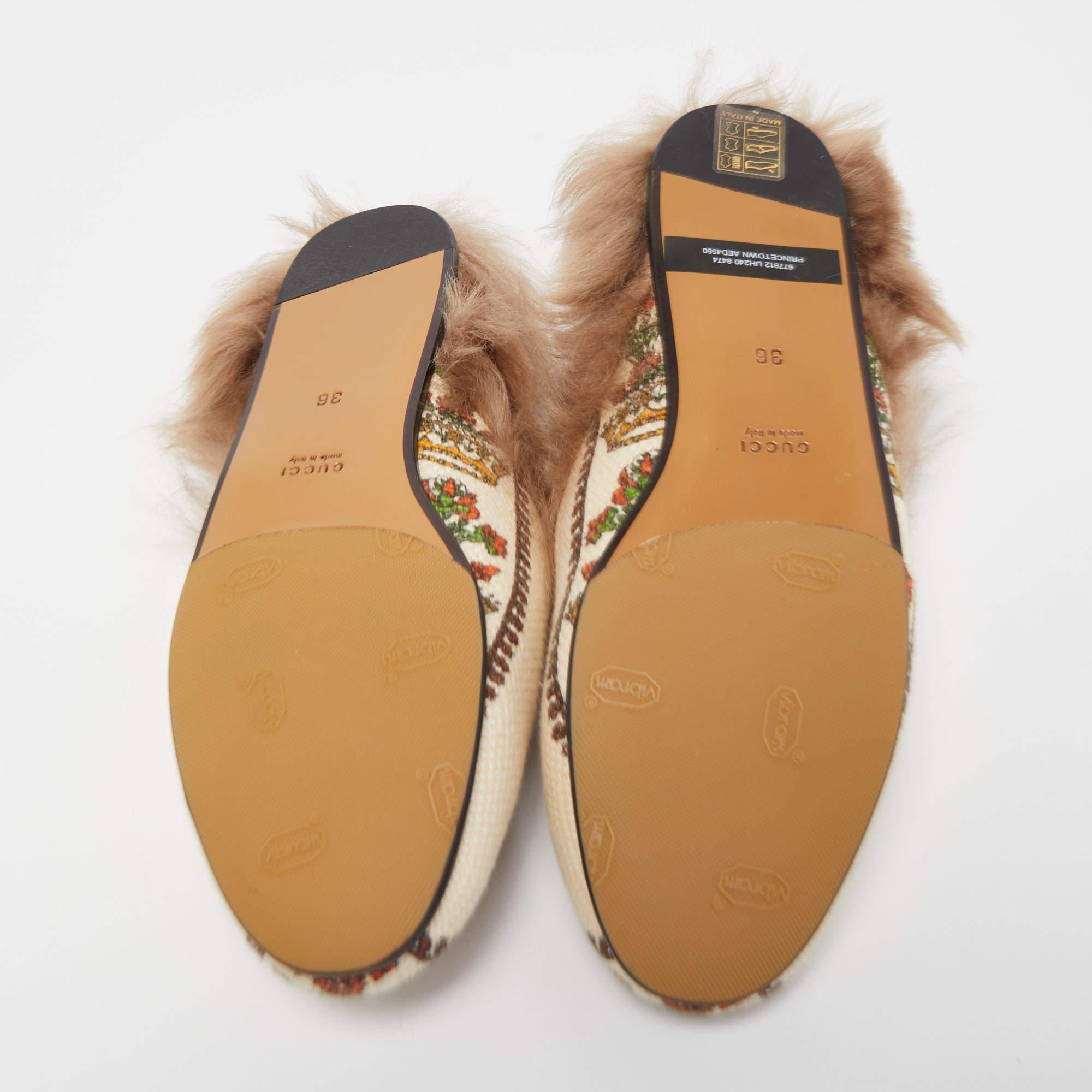 Gucci Beige Canvas and Fur Princetown Mules Size 36 4