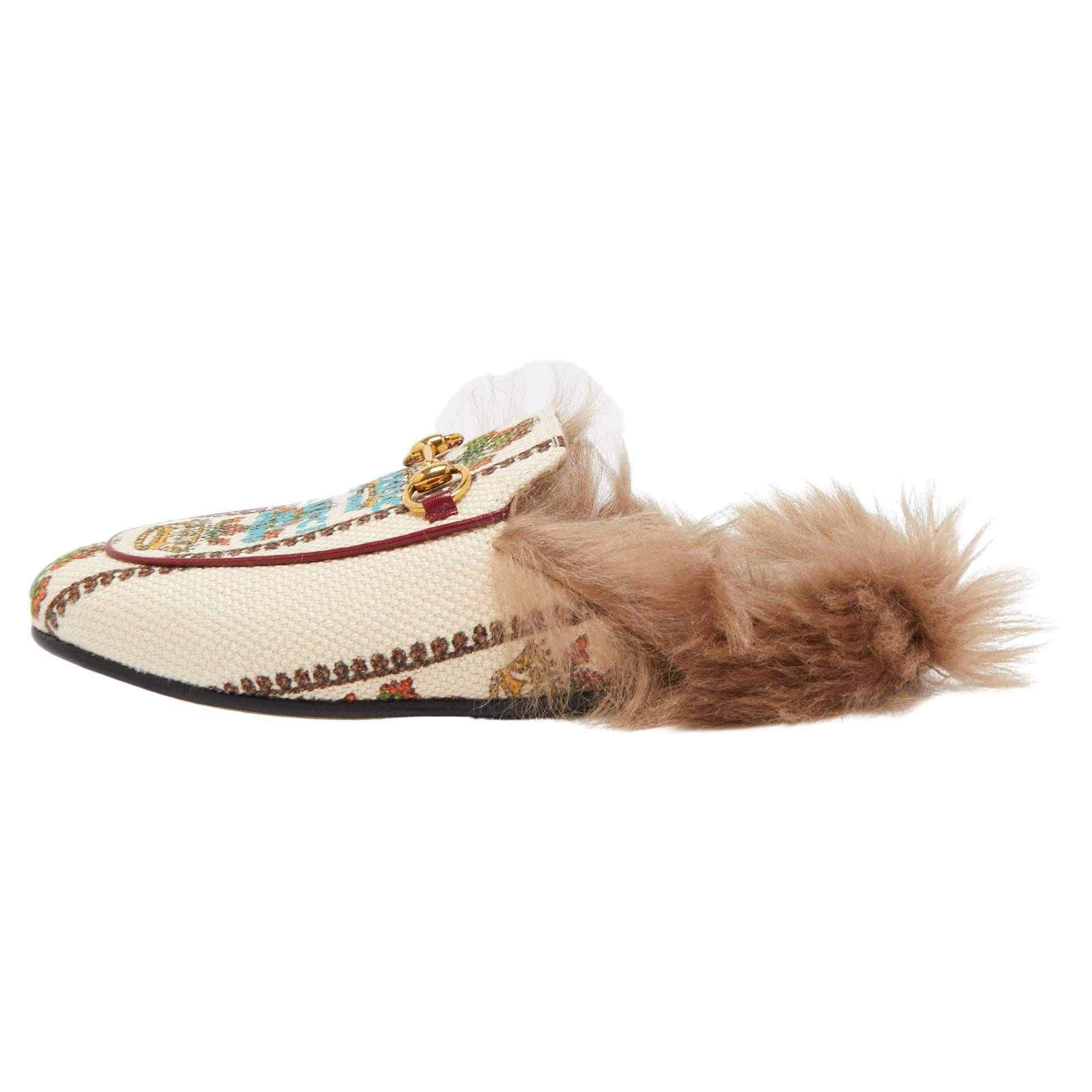 Gucci Beige Canvas and Fur Princetown Mules Size 36
