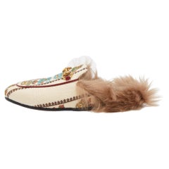 Used Gucci Beige Canvas and Fur Princetown Mules Size 36