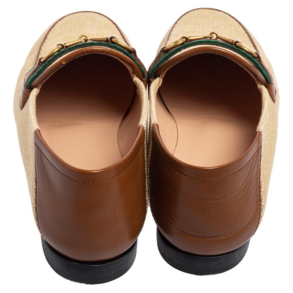 Gucci Beige Canvas and Leather Trim Horsebit Brixton Loafers Size 37 In Good Condition In Dubai, Al Qouz 2