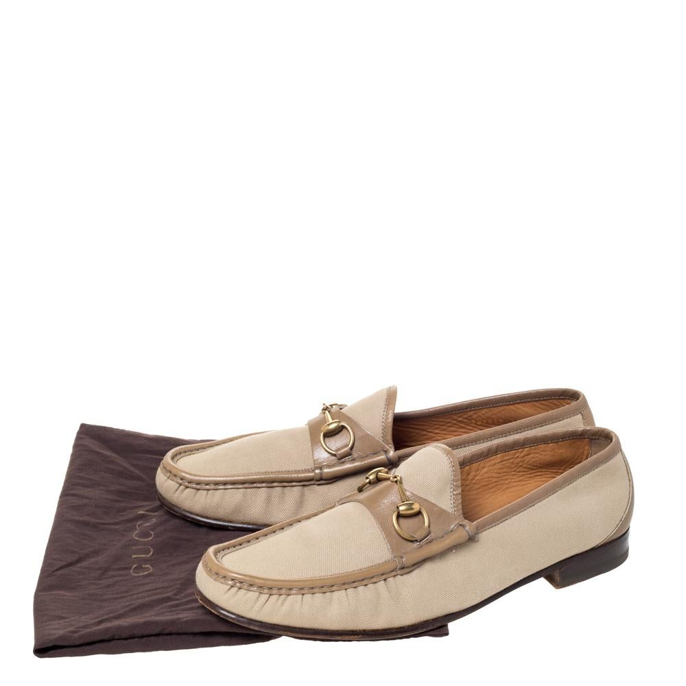 Gucci Beige Canvas And Leather Trim Horsebit Slip On Loafers Size 45 at  1stDibs | pointed toe loafers