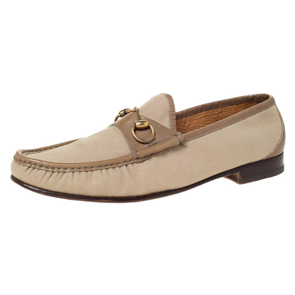 Gucci Beige Canvas And Leather Trim Horsebit Slip On Loafers Size 45