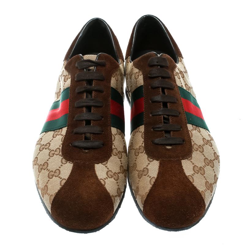 Step into these Gucci sneakers for instant comfort! They feature the iconic Gucci Web detail and suede trims on the Guccisima canvas exterior. They are lined with leather and finished with lace-ups. Pair these with practical trainers for a sporty