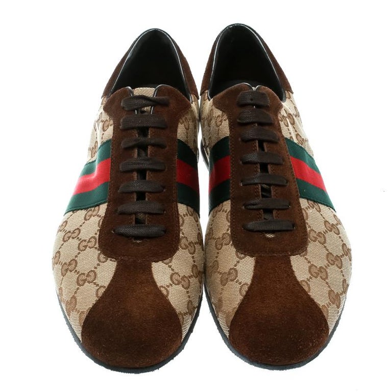 Gucci Beige Canvas and Suede Guccisima Web Detail Sneakers Size 46.5 For Sale at 1stdibs
