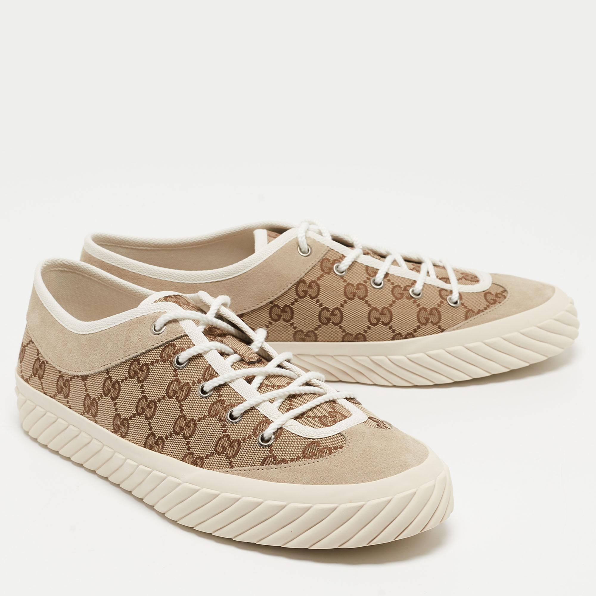 Gucci Beige Canvas and Suede Low Top Sneakers Size 46 For Sale 1