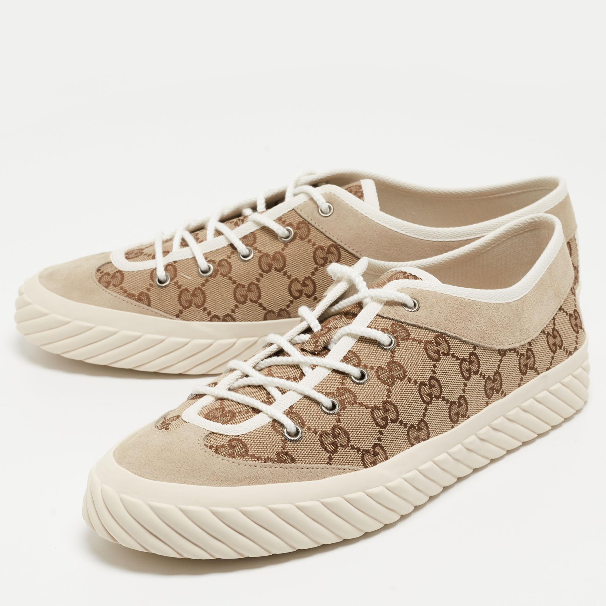 Gucci Beige Canvas and Suede Low Top Sneakers Size 46 For Sale 2
