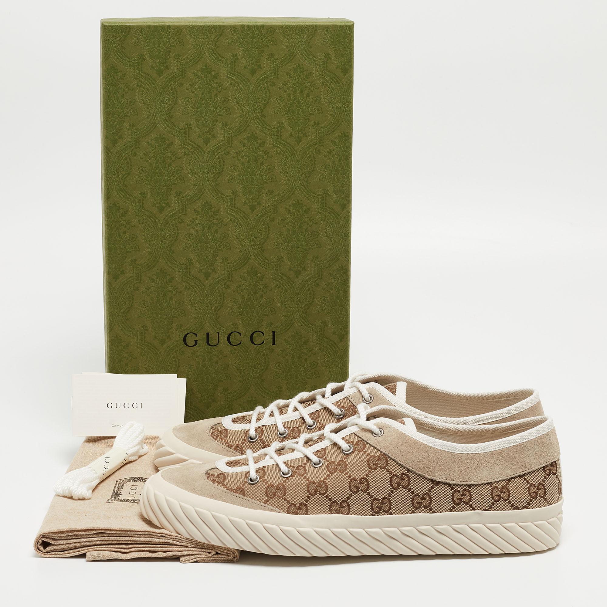 Gucci Beige Canvas and Suede Low Top Sneakers Size 46 For Sale 3