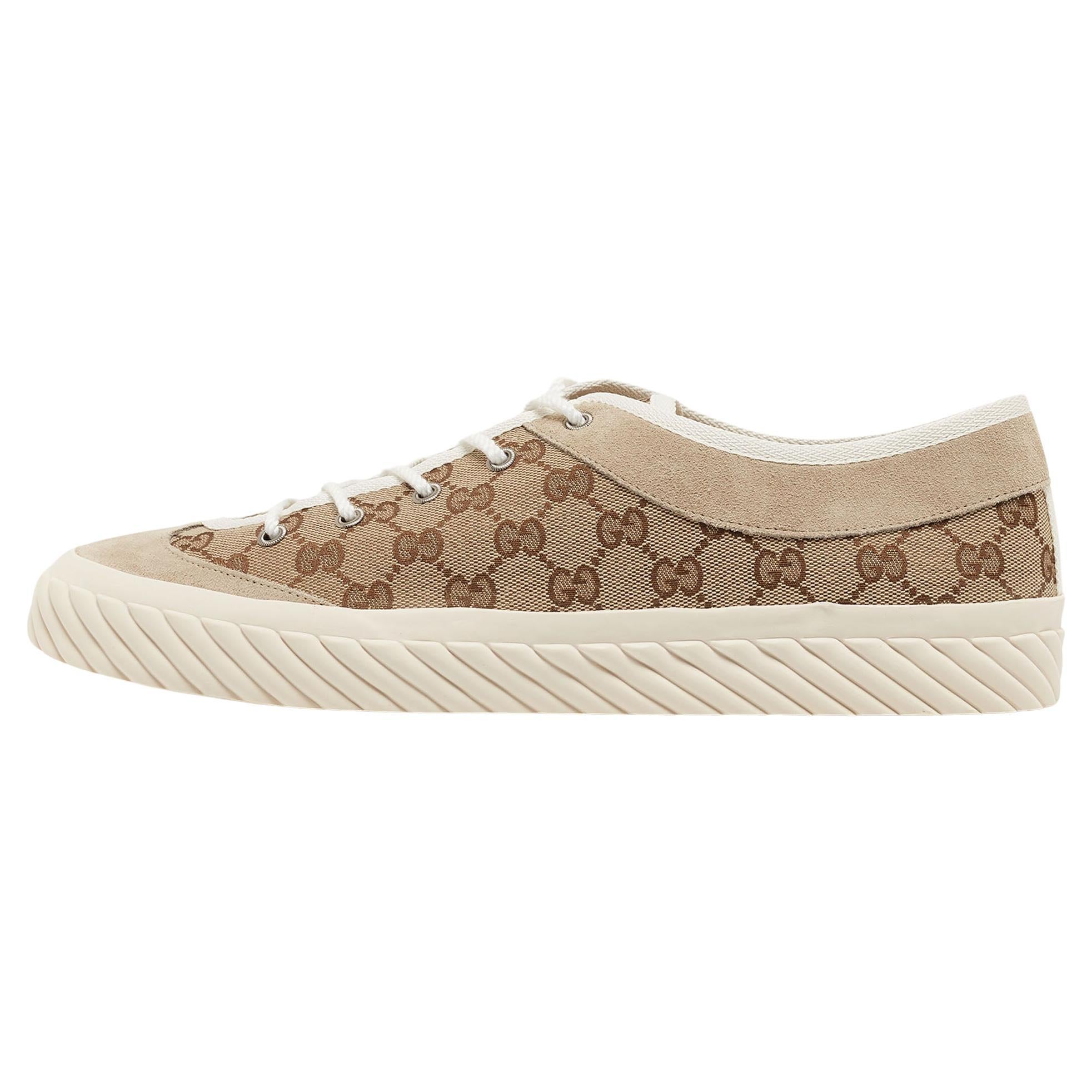 Gucci Beige Canvas and Suede Low Top Sneakers Size 46 For Sale