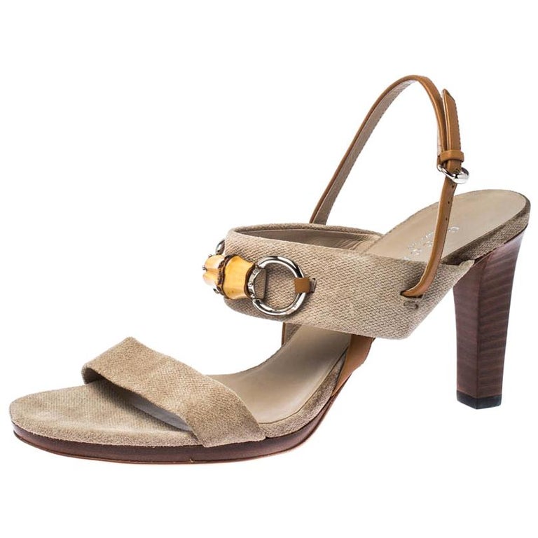 Gucci Beige Canvas Bamboo Horsebit Slingback Sandals Size 40 For Sale ...