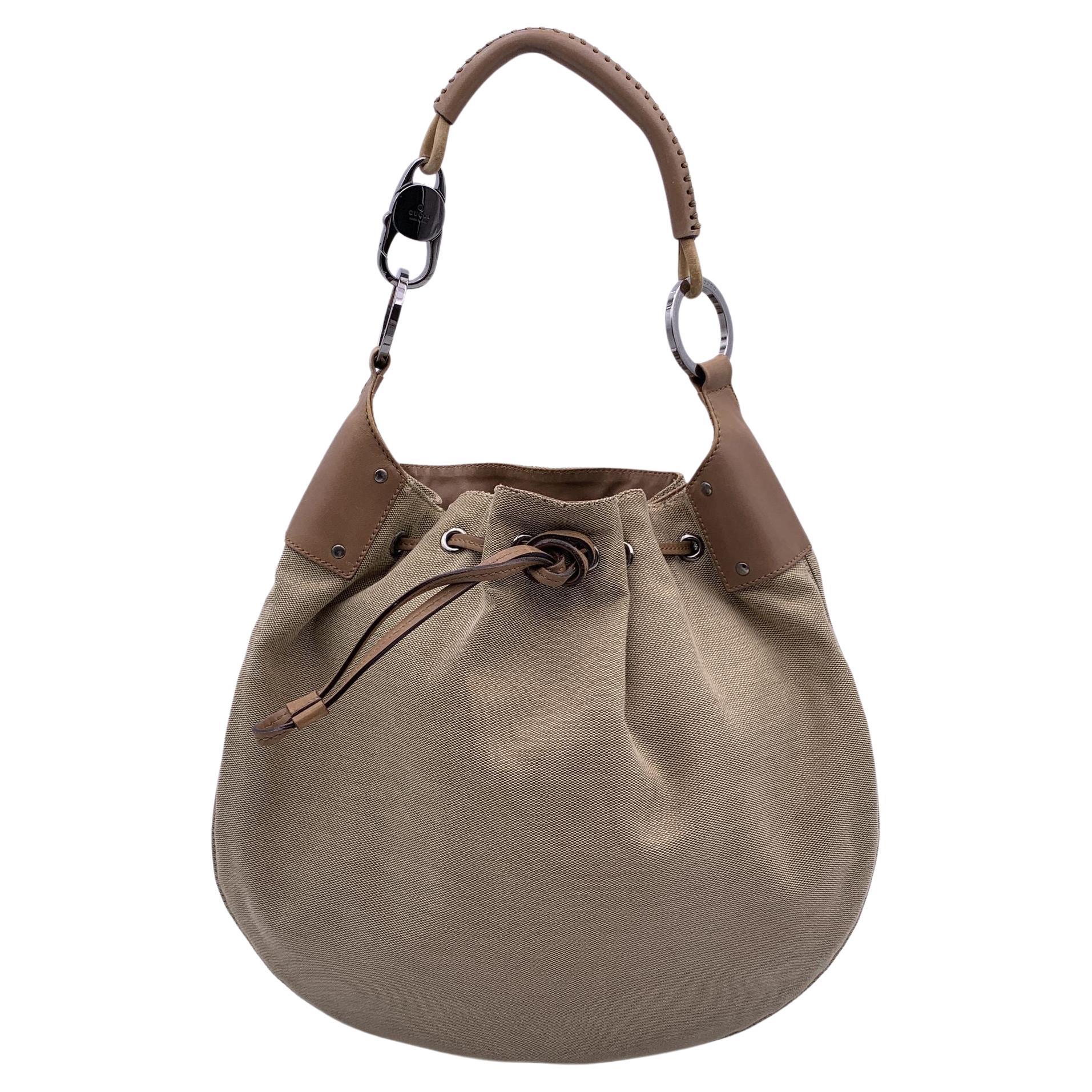 Gucci Beige Canvas Leather Drawstring Hobo Bag Shoulder Bag Tote For Sale