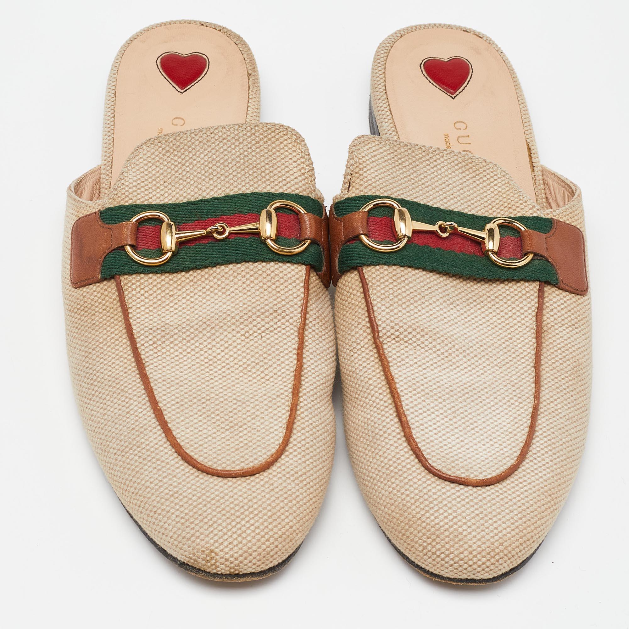 Gucci Beige Canvas Princetown Horsebit Mules Size 37 In Good Condition In Dubai, Al Qouz 2