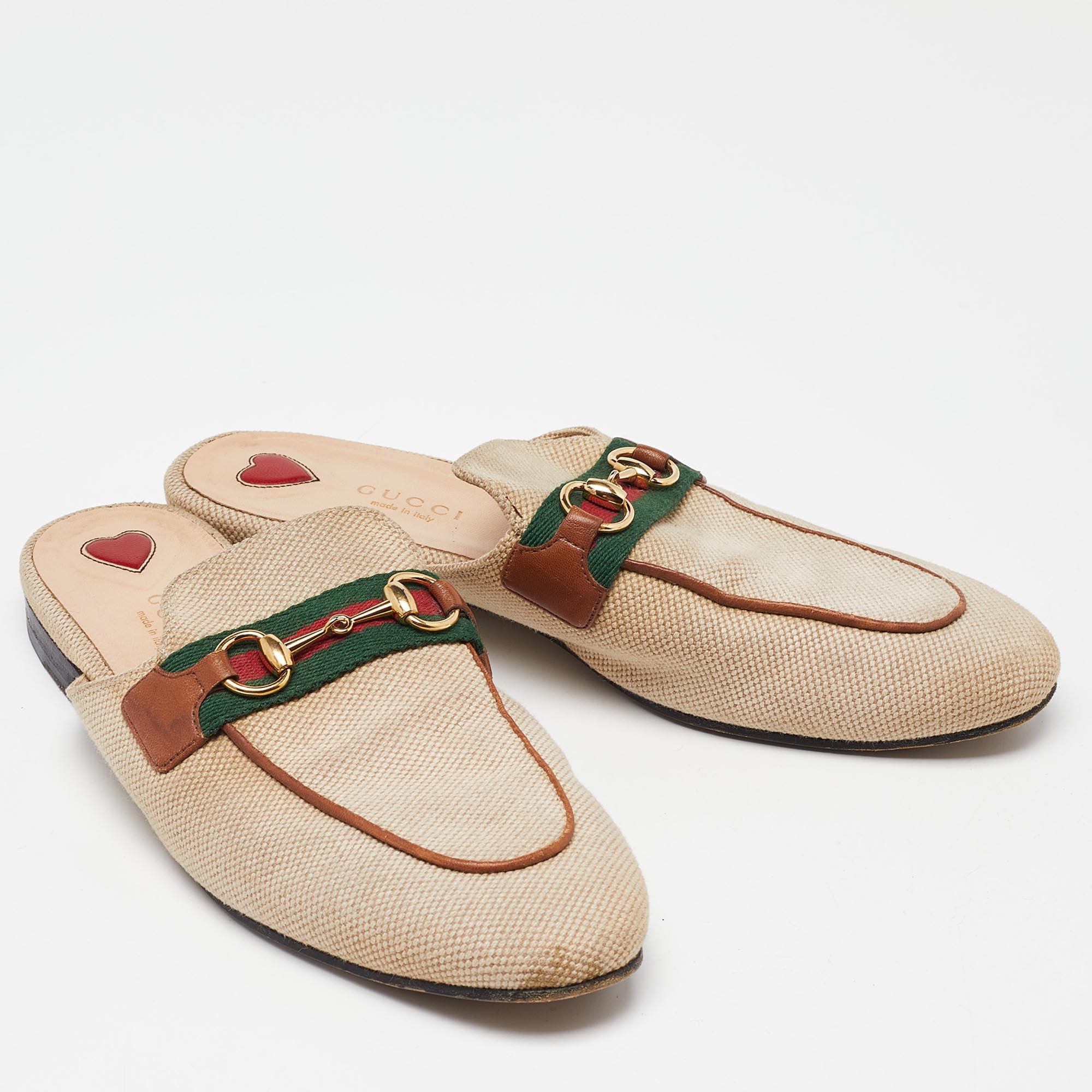 Women's Gucci Beige Canvas Princetown Horsebit Mules Size 37