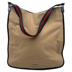 Gucci Beige Canvas Tote Shoulder Bag with Web Shoulder Strap