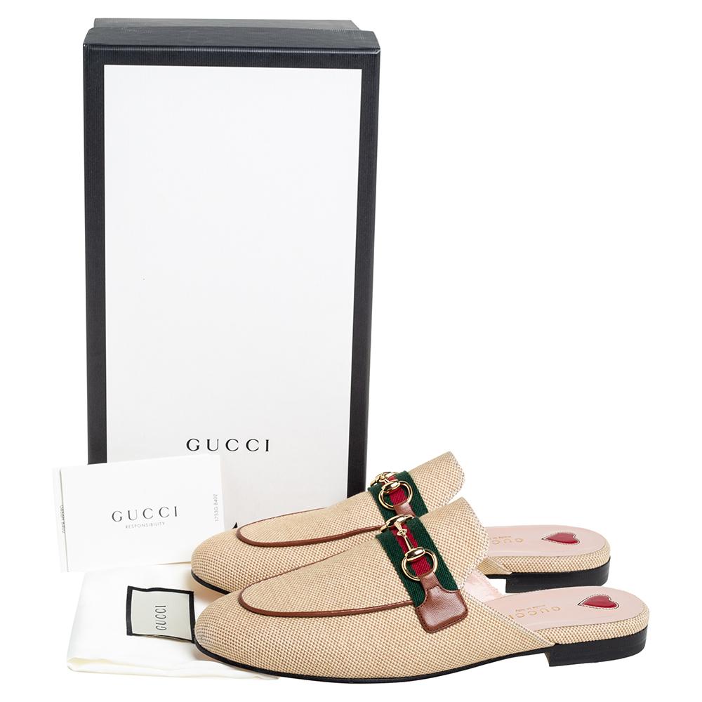 Gucci Beige Canvas Web Princetown Sandals Size 37.5 1