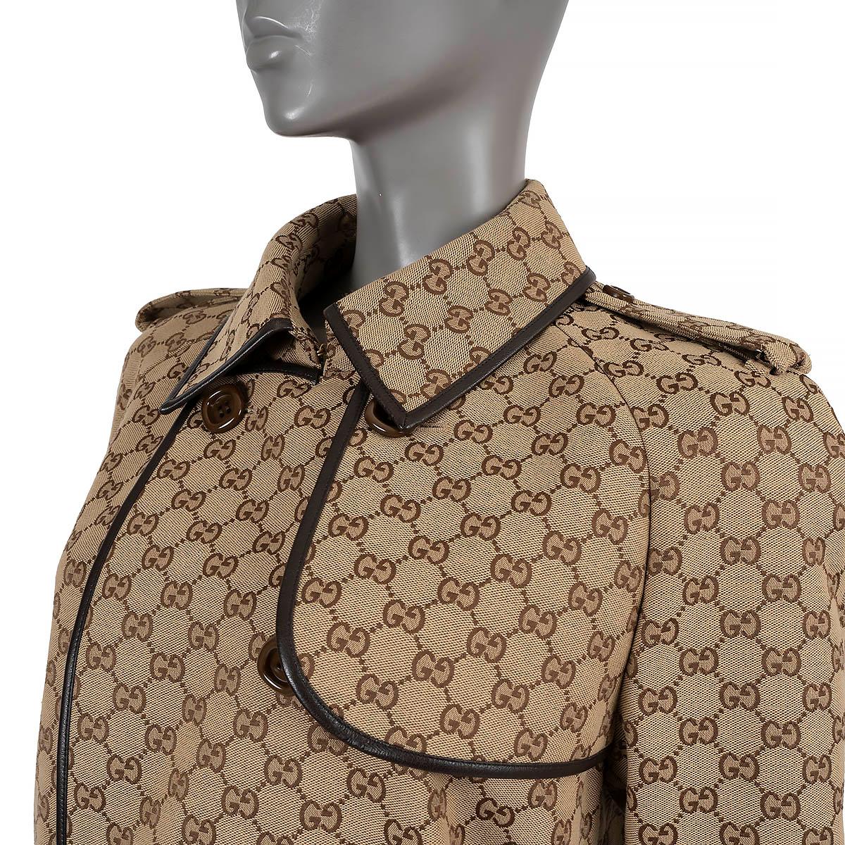 GUCCI beige cognac 2021 LEATHER TRIM GG JACQUARD TRENCH Coat Jacket 38 XS For Sale 2