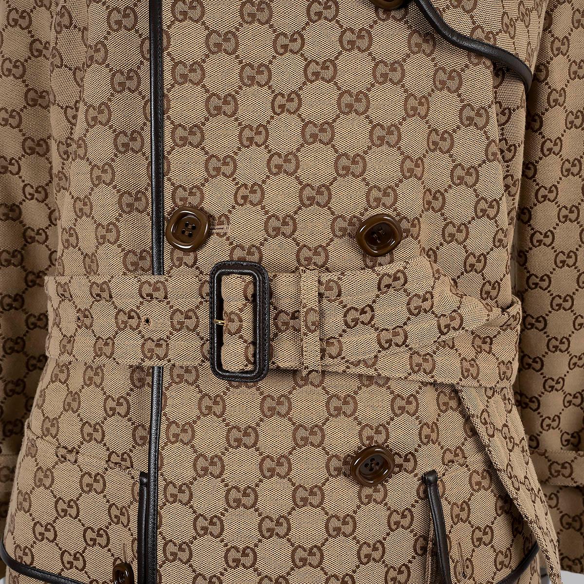 GUCCI beige cognac 2021 LEATHER TRIM GG JACQUARD TRENCH Coat Jacket 38 XS For Sale 3
