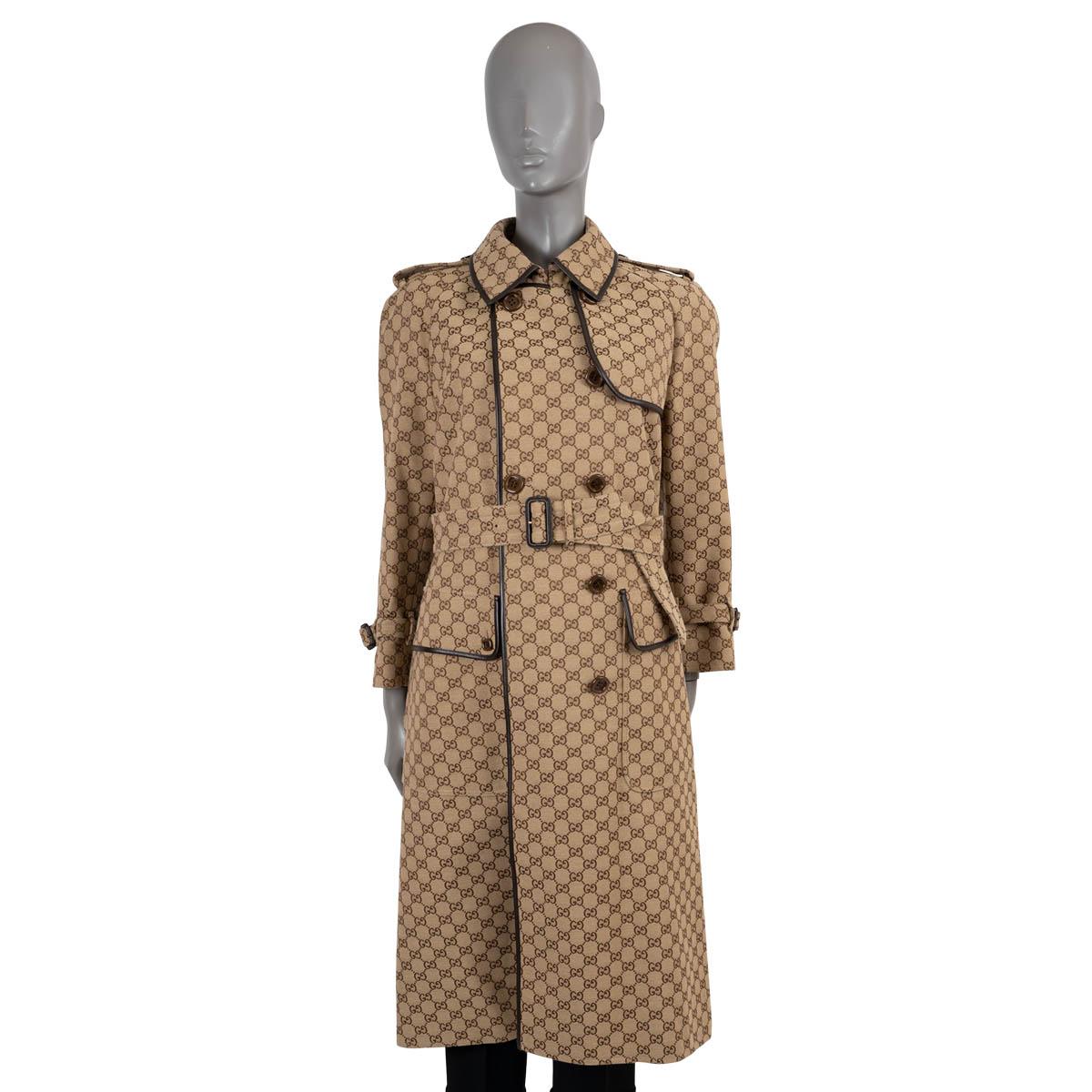 GUCCI beige cognac 2021 LEATHER TRIM GG JACQUARD TRENCH Coat Jacket 38 XS For Sale