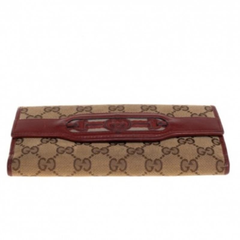 Brown Gucci Beige/Copper GG Canvas and Leather Flap Continental Wallet For Sale