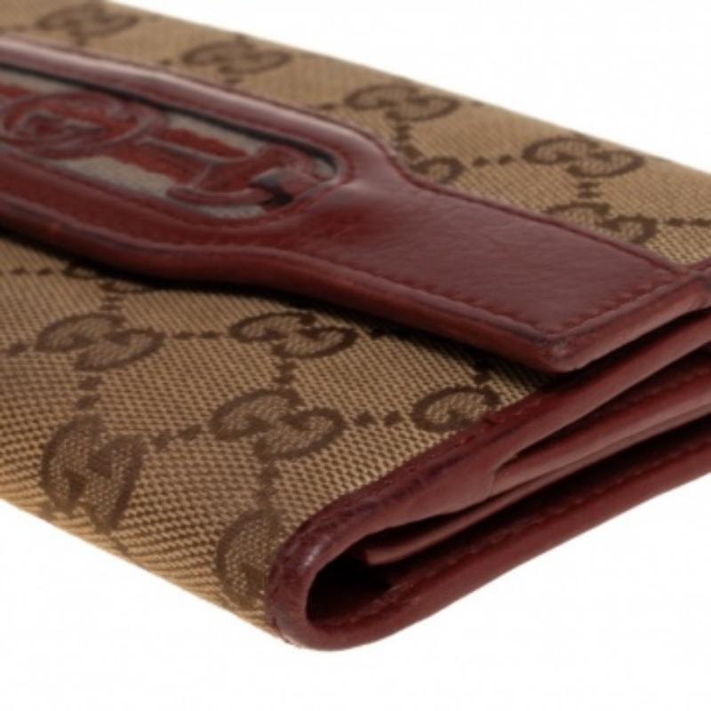 Gucci Beige/Copper GG Canvas and Leather Flap Continental Wallet For Sale 3