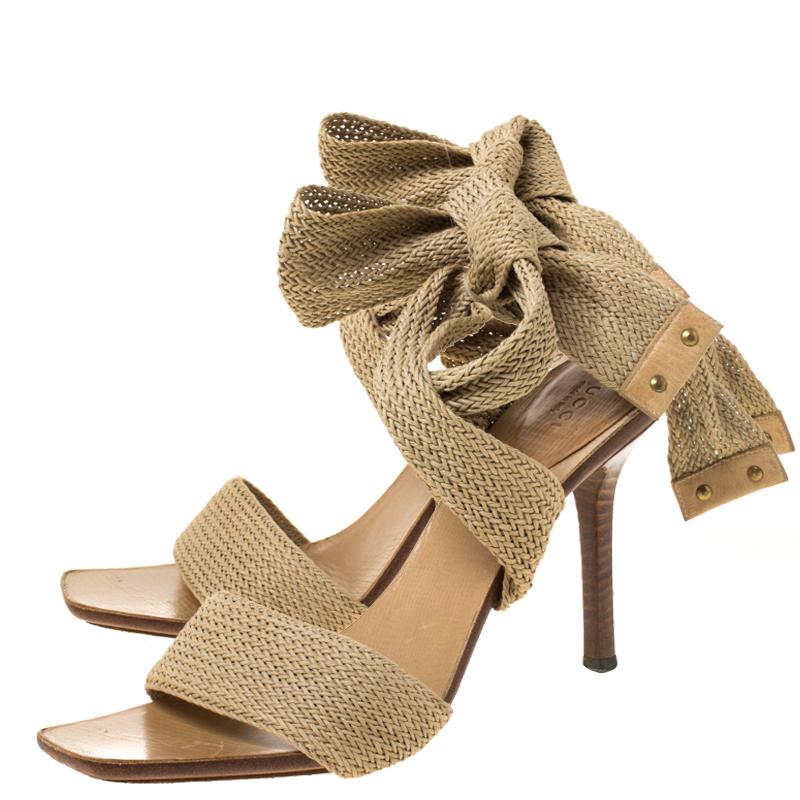 Women's Gucci Beige Cotton Blend Knit Ankle Wrap Sandals Size 40