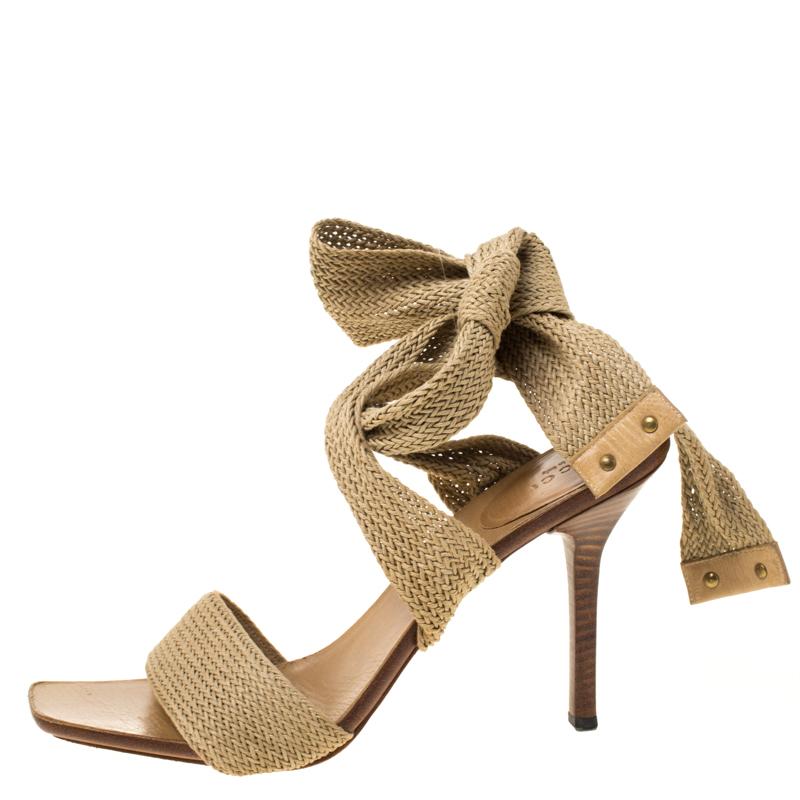 Gucci Beige Cotton Blend Knit Ankle Wrap Sandals Size 40 3