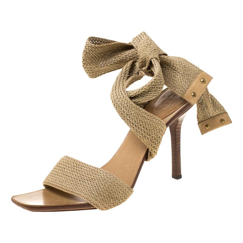 Gucci Beige Cotton Blend Knit Ankle Wrap Sandals Size 40