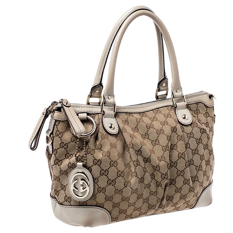 Gucci Beige/Cream Canvas and Leather Sukey Satchel In Good Condition In Dubai, Al Qouz 2