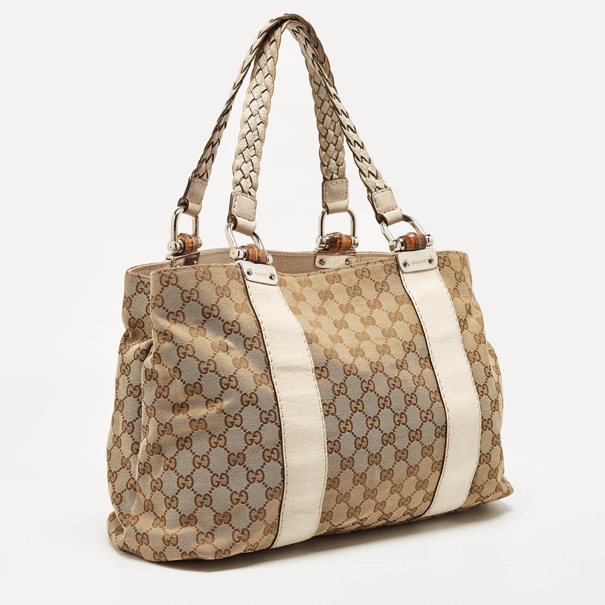Women's Gucci Beige/Cream GG Canvas and Leather Large Bamboo Bar Tote For Sale
