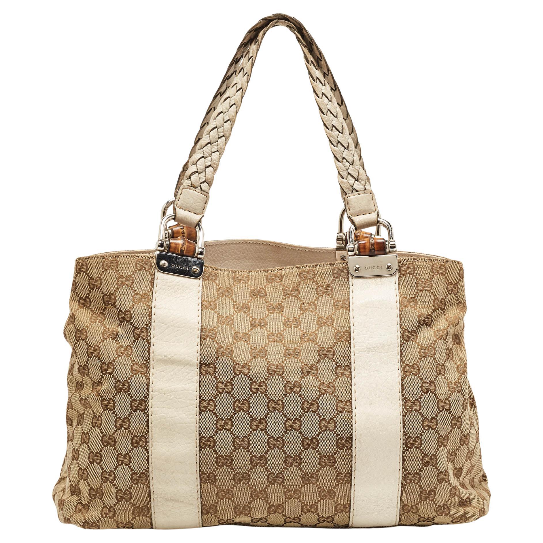Gucci Beige/Cream GG Canvas and Leather Large Bamboo Bar Tote For Sale