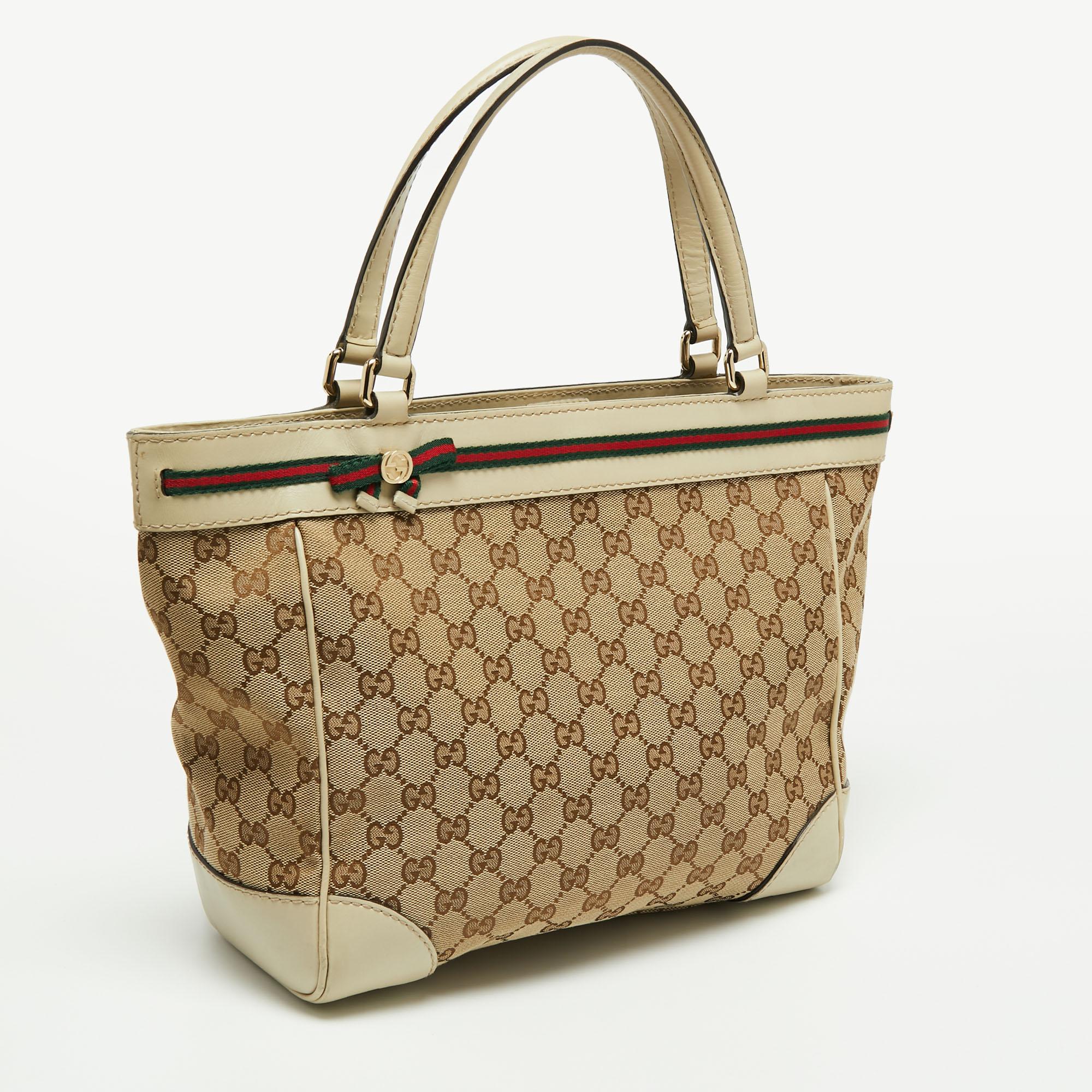 Brown Gucci Beige/Cream GG Canvas and Leather Mayfair Tote