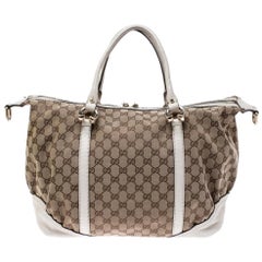 Gucci Beige/Cream GG Canvas and Leather Medium Horsebit Nail Boston Bag