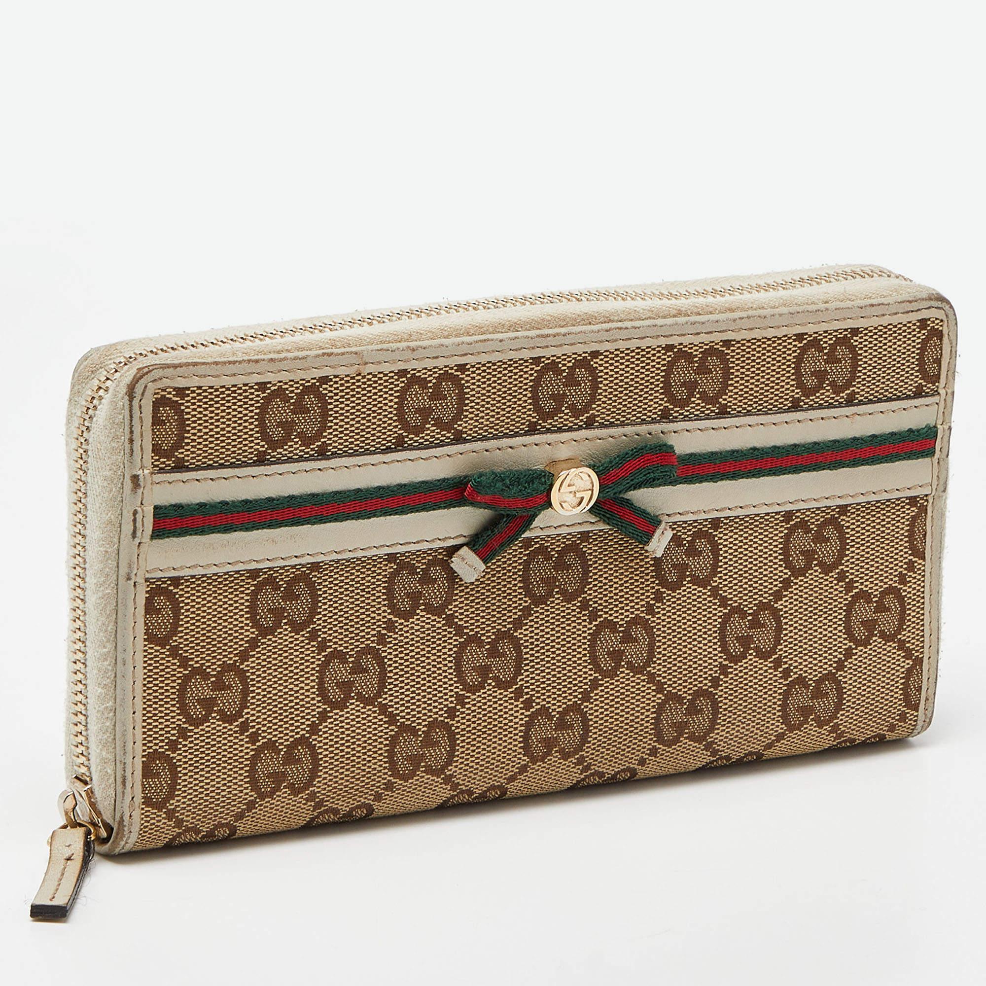 Brown Gucci Beige/Cream GG Canvas and Leather Princy Zip Around Wallet
