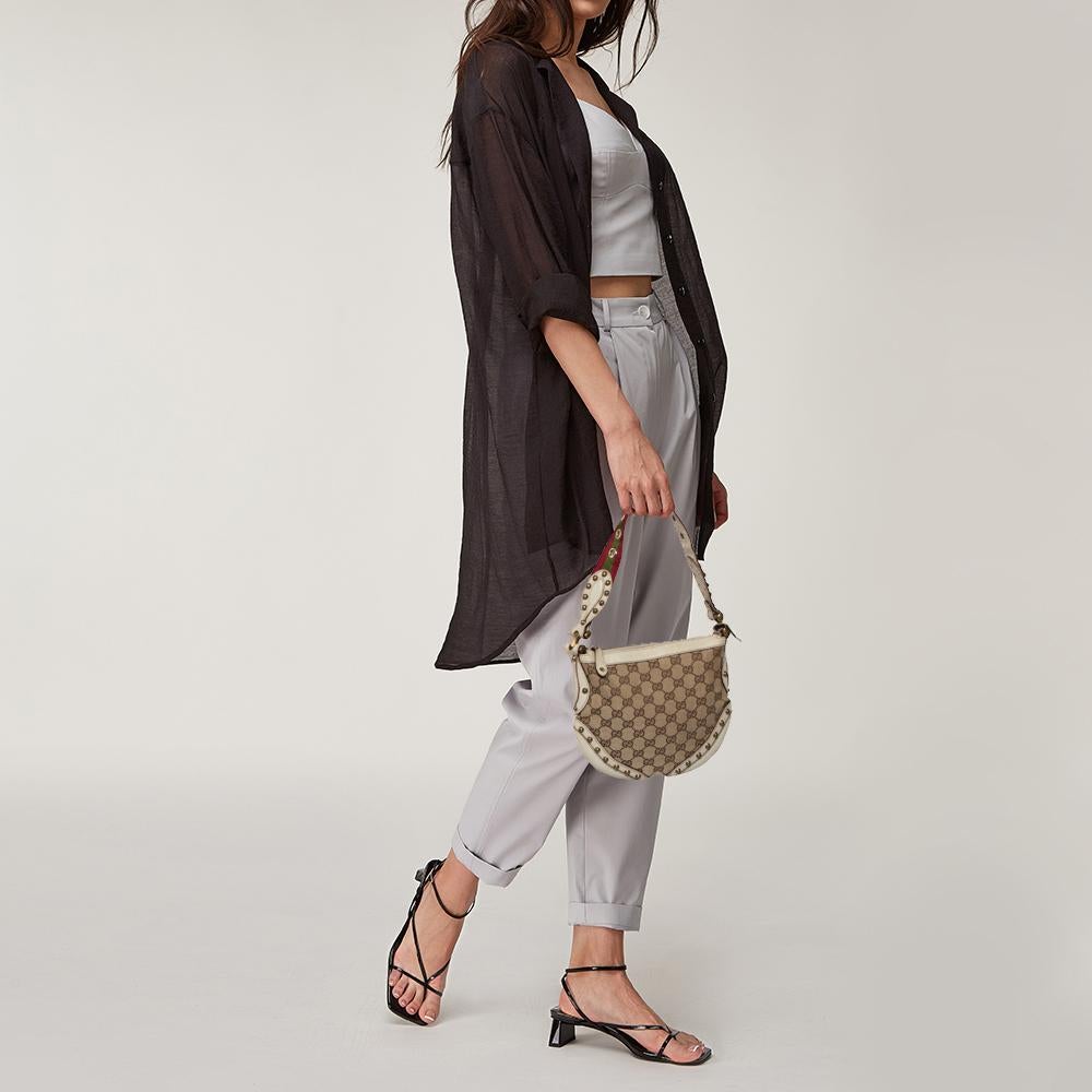Gucci Beige/Cream GG Canvas and Leather Small Studded Pelham Hobo In Fair Condition In Dubai, Al Qouz 2