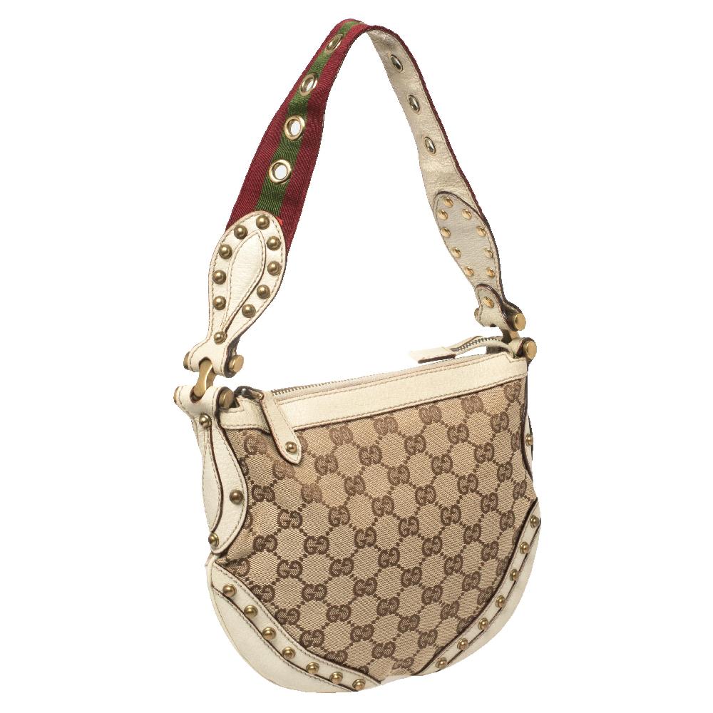Women's Gucci Beige/Cream GG Canvas and Leather Small Studded Pelham Hobo