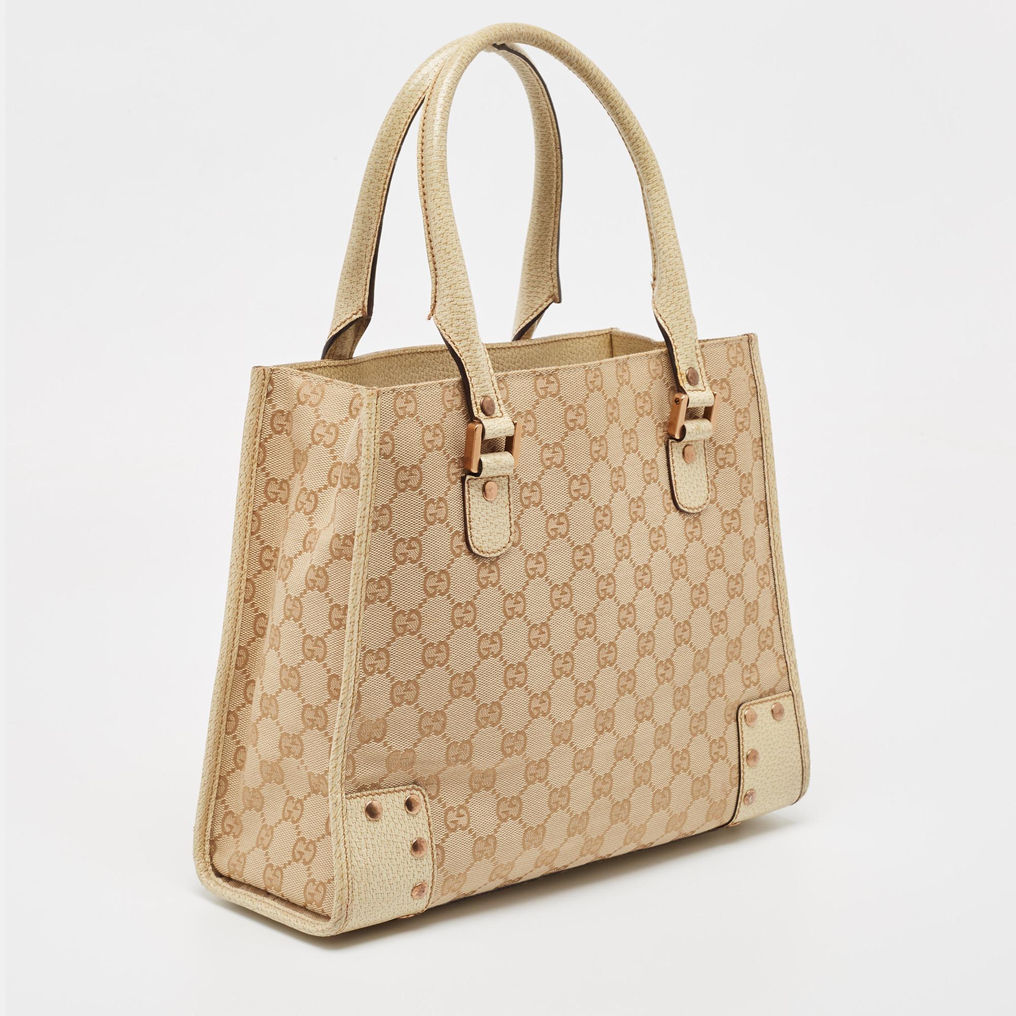 Women's Gucci Beige/Cream GG Canvas and Leather Studded Tote