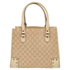 Used Gucci Beige/Cream GG Canvas and Leather Studded Tote