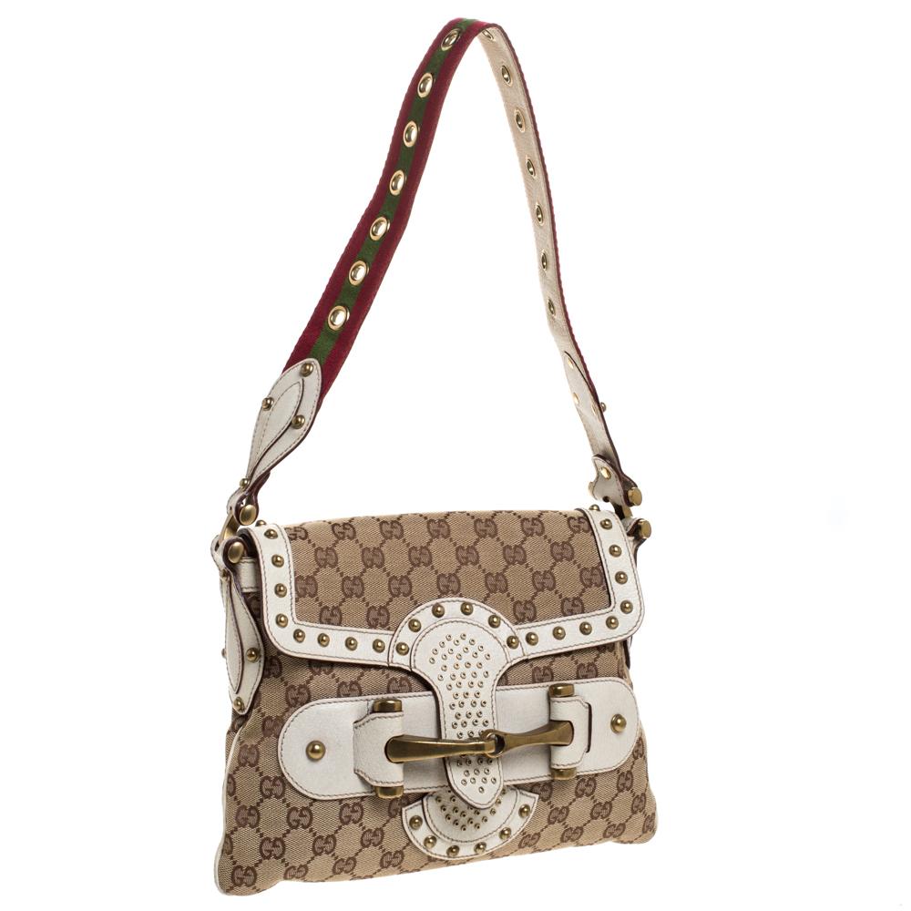 Brown Gucci Beige/Cream GG Canvas Studded Pelham Runway Flap Bag