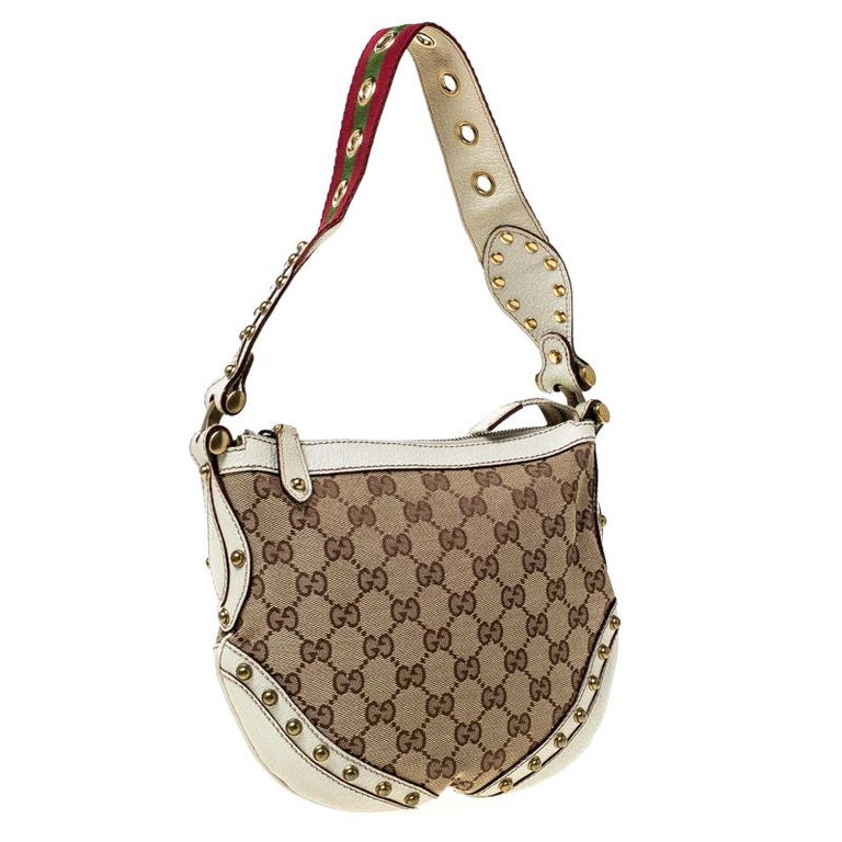 Gucci Beige/Cream Monogram Canvas and Leather Pelham Studded Shoulder